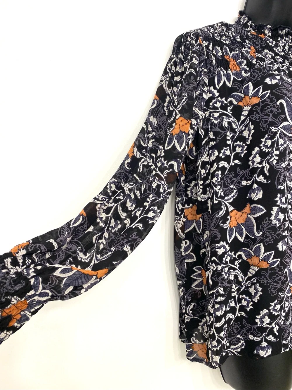 B. Copenhagen Floral Smocked Neck Sheer Blouse Black Burnt Apricot Paisley US M - Picture 4 of 14